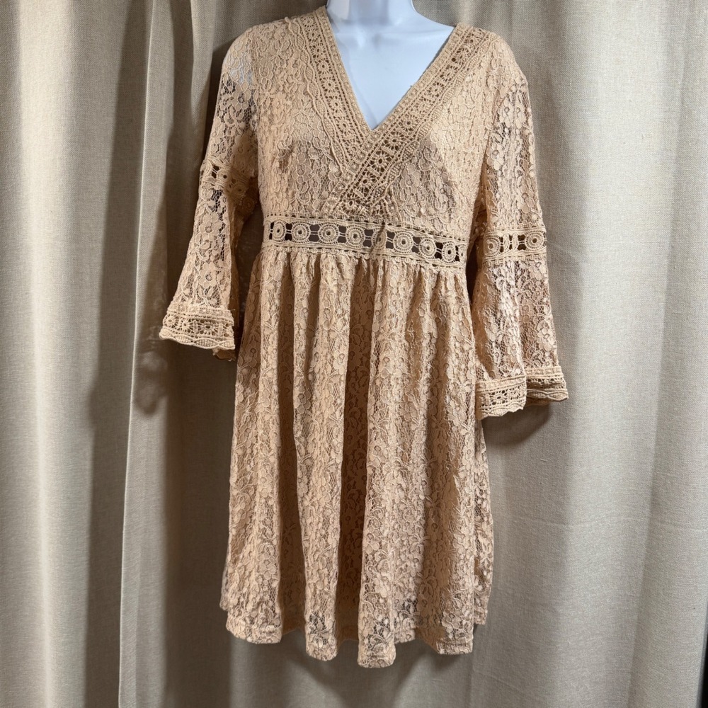 Lace Mini Dress Beige V Neck 3/4 Bell Sleeve Crochet Trim Boho Casual Party